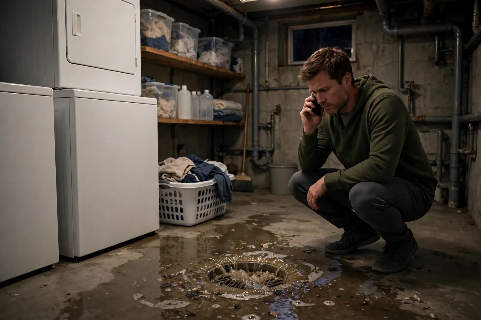 Homeowner calling at night beside a backed-up basement drain