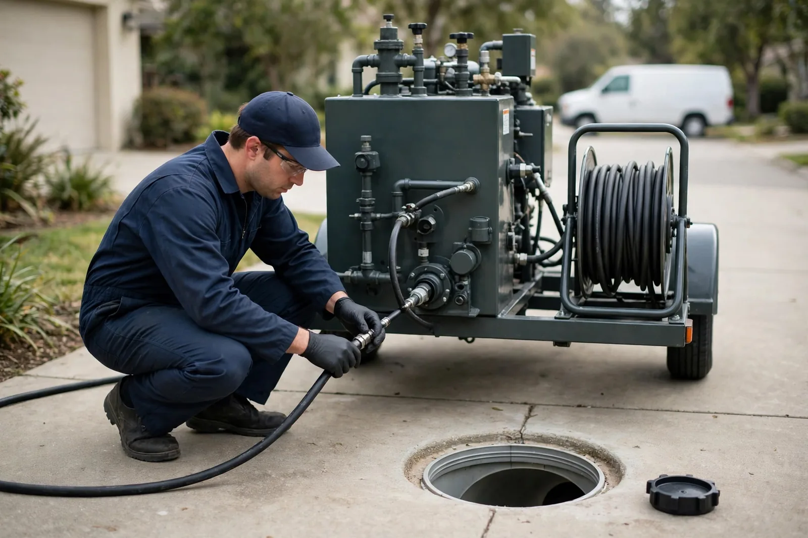 Cleanout access setup: jetter unit and hose reel beside the driveway cleanout