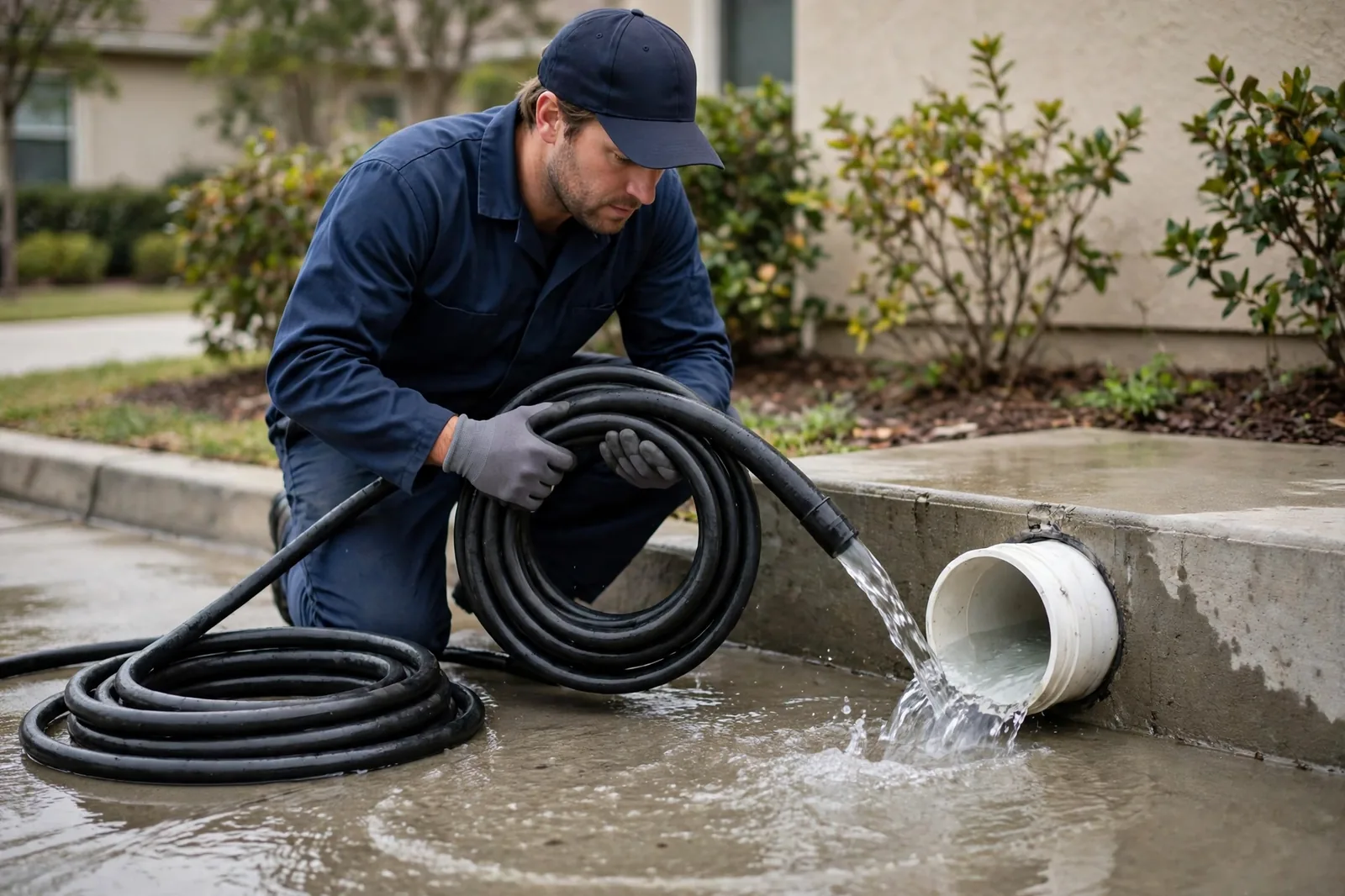 Flow test and cleanup: clear water running while the jetter hose is coiled