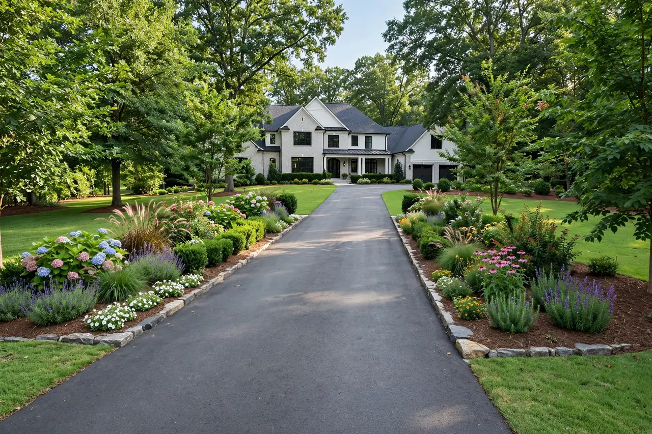 Finished Landscaping and Long Driveways Over Lines
