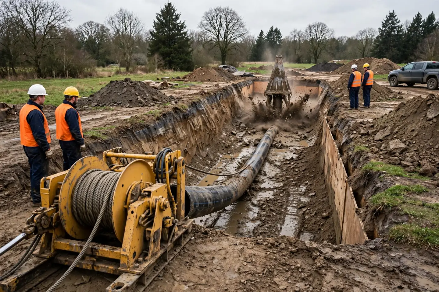 Winch pulling the new pipe through, bursting head emerging in the far pit