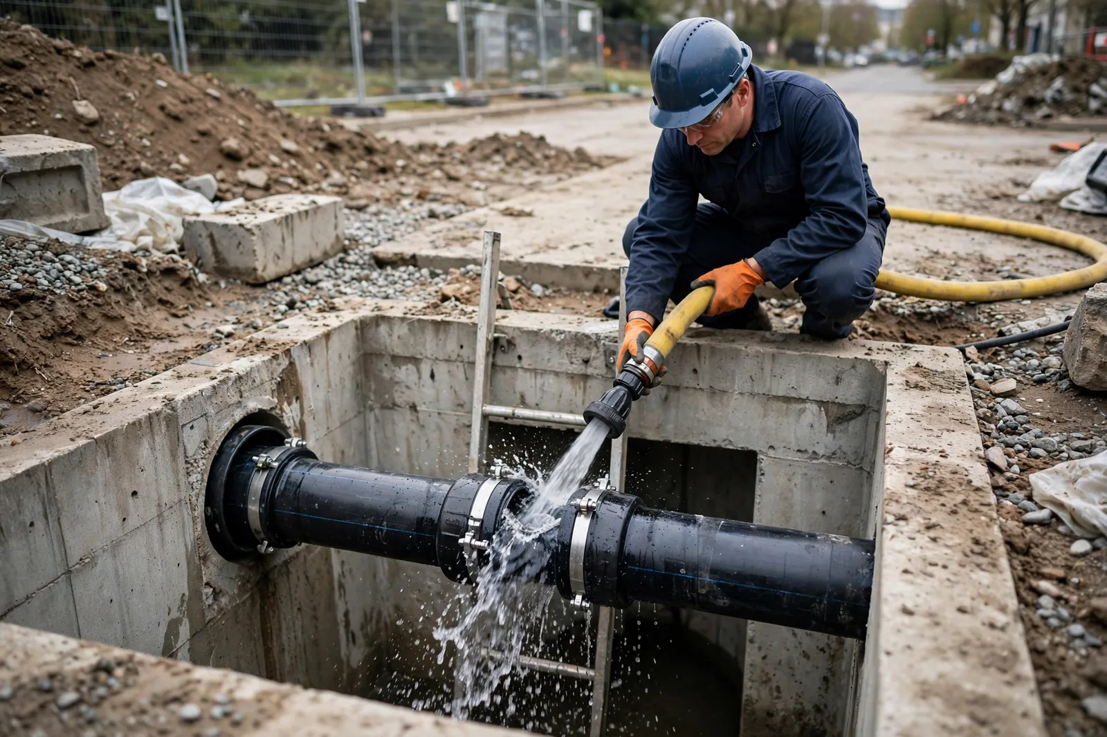 New pipe connected at the pit while a flow test runs