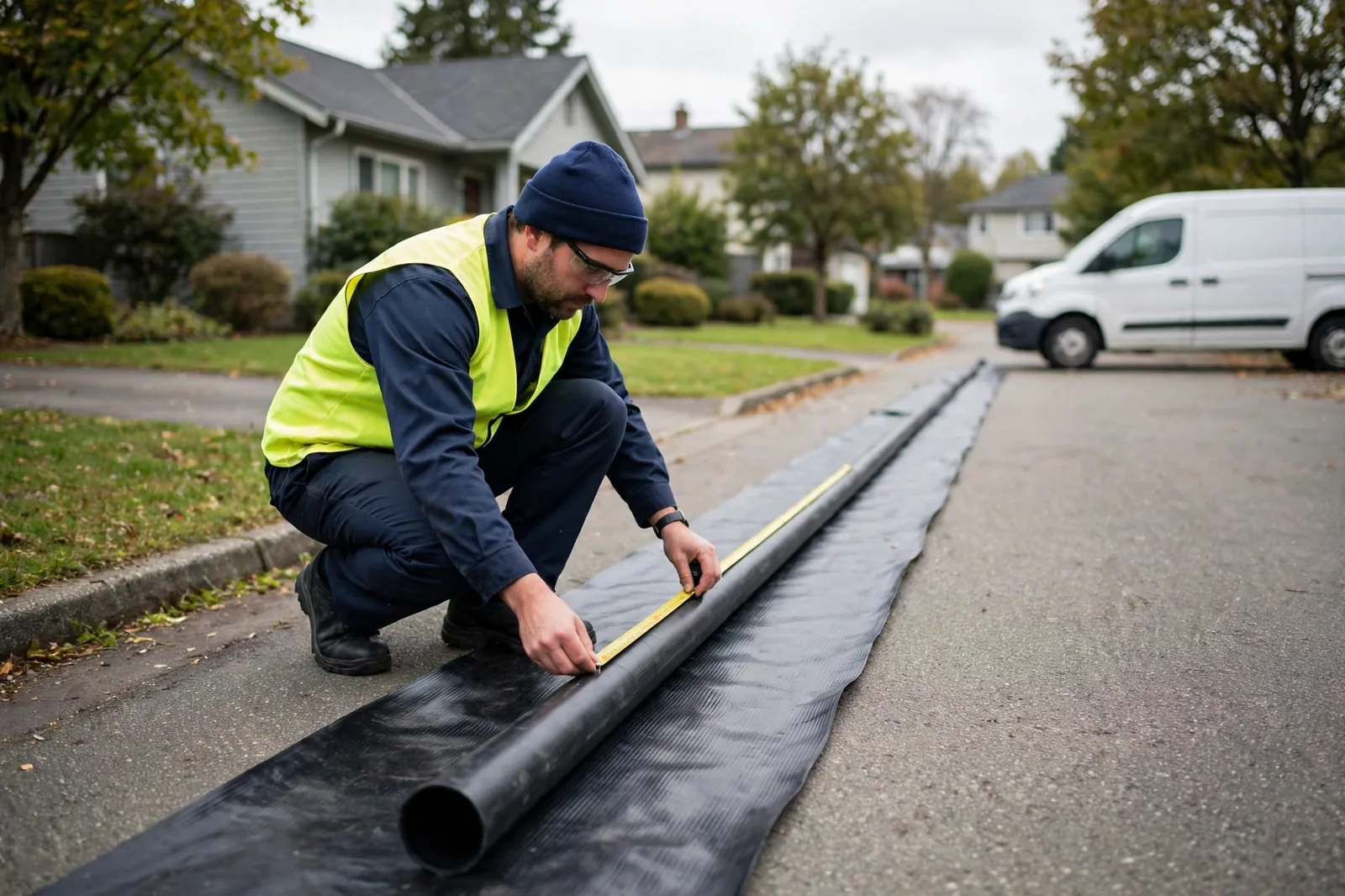 Technician measuring the liner tube laid out on a driveway