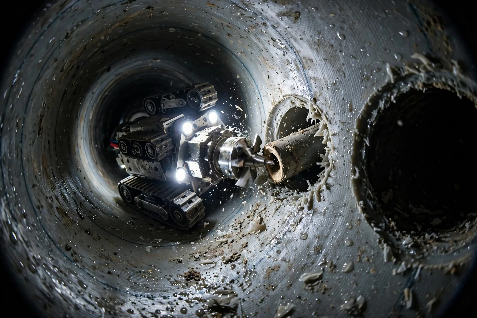 Robotic cutter reopening a branch connection inside the lined pipe
