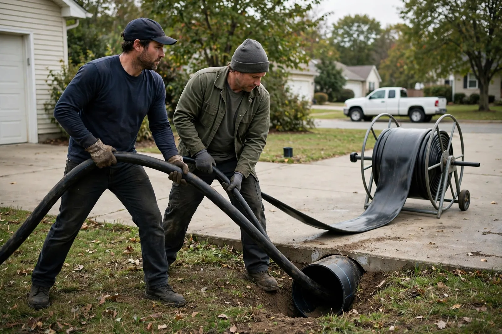 Workers pulling a new liner through a yard cleanout from a driveway setup