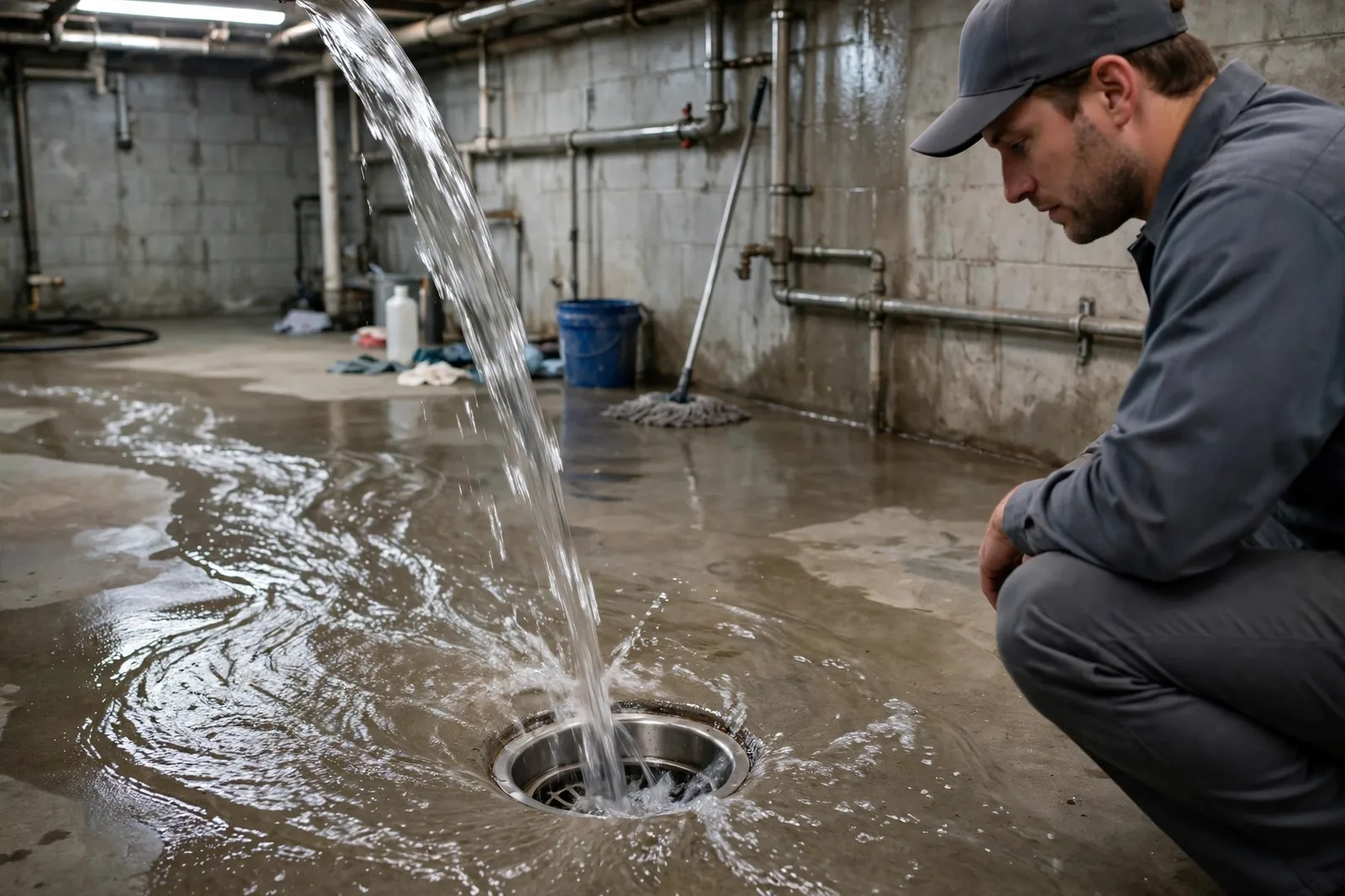 Final flow test: water flowing freely down the cleaned floor drain
