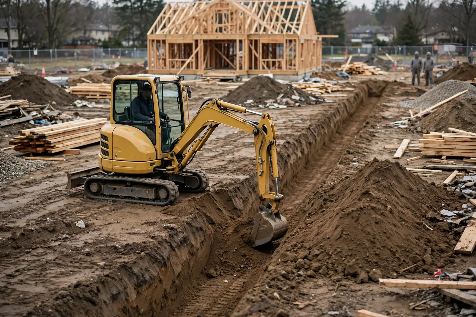 Mini excavator digging the trench on the construction lot
