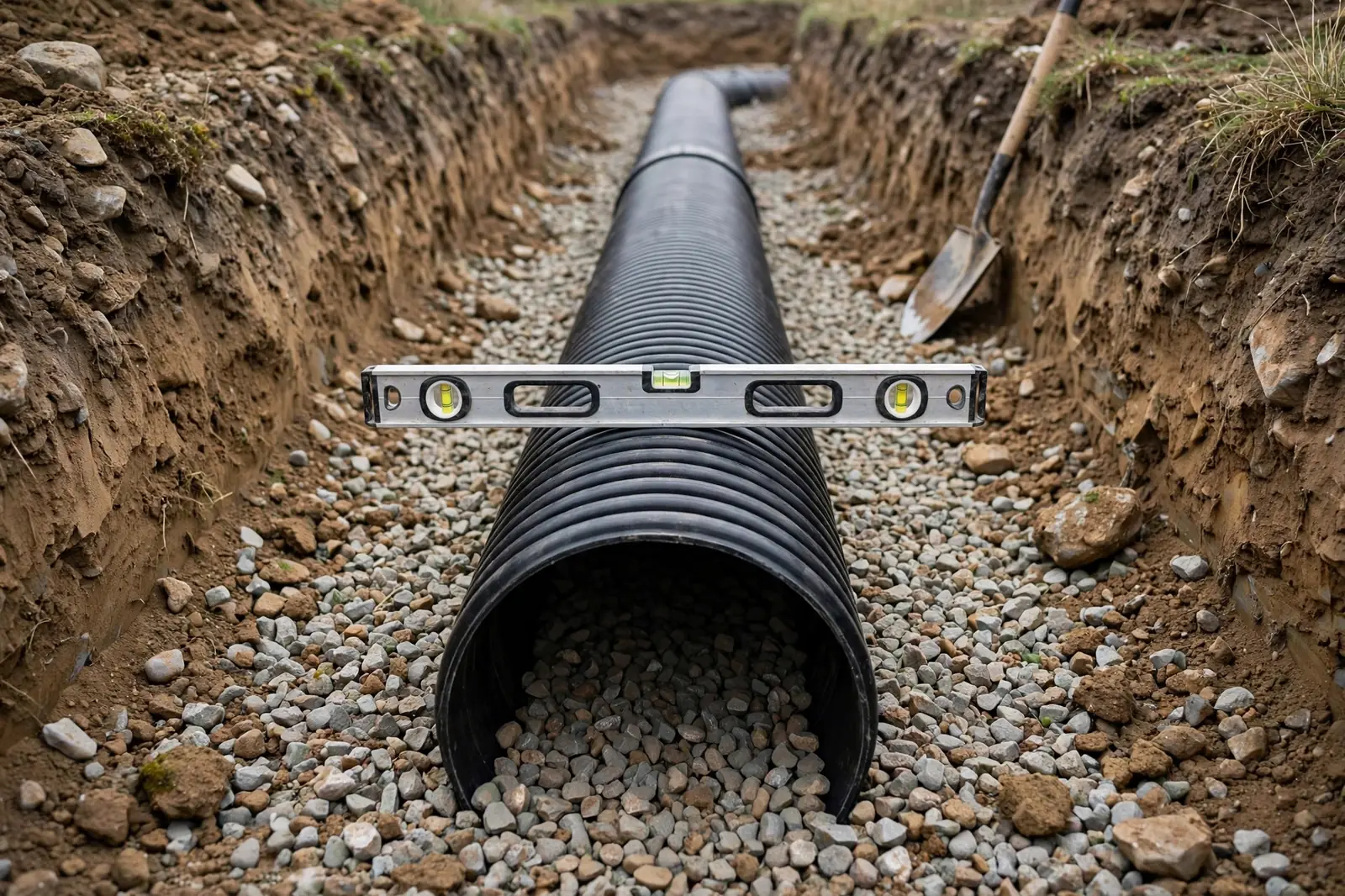 New pipe laid on grade in the trench with a level resting on top