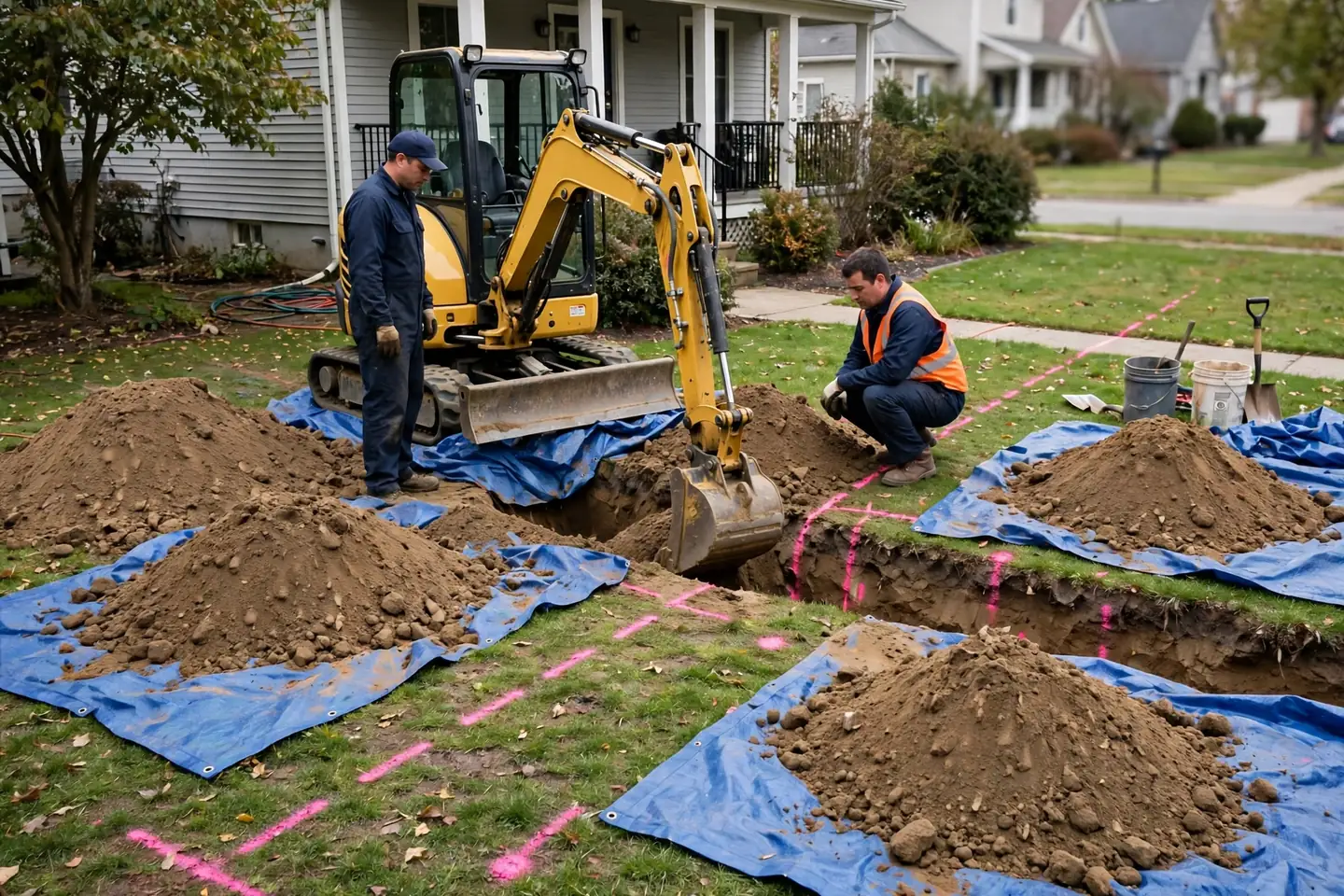 Small excavator opening a trench over the marked sewer line in a front yard