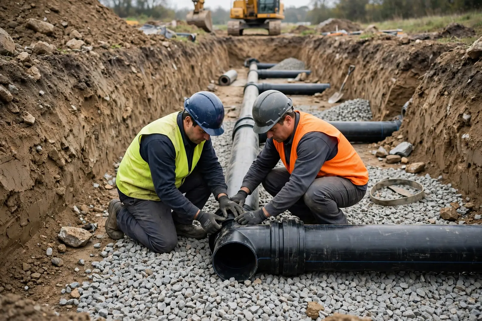 New pipe sections laid and connected on gravel bedding in the trench